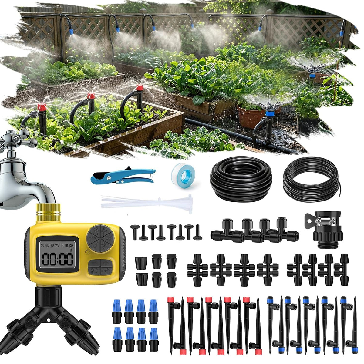 165FT Drip Irrigation System with Smart Timer, Brass Connectors | Programmable Timer, 165FT Tubing, Brass Connectors, Adjustable Drippers, Quick DIY Installation. — product view 2
